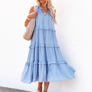 Chic Light Blue Ruffle Midi Dress